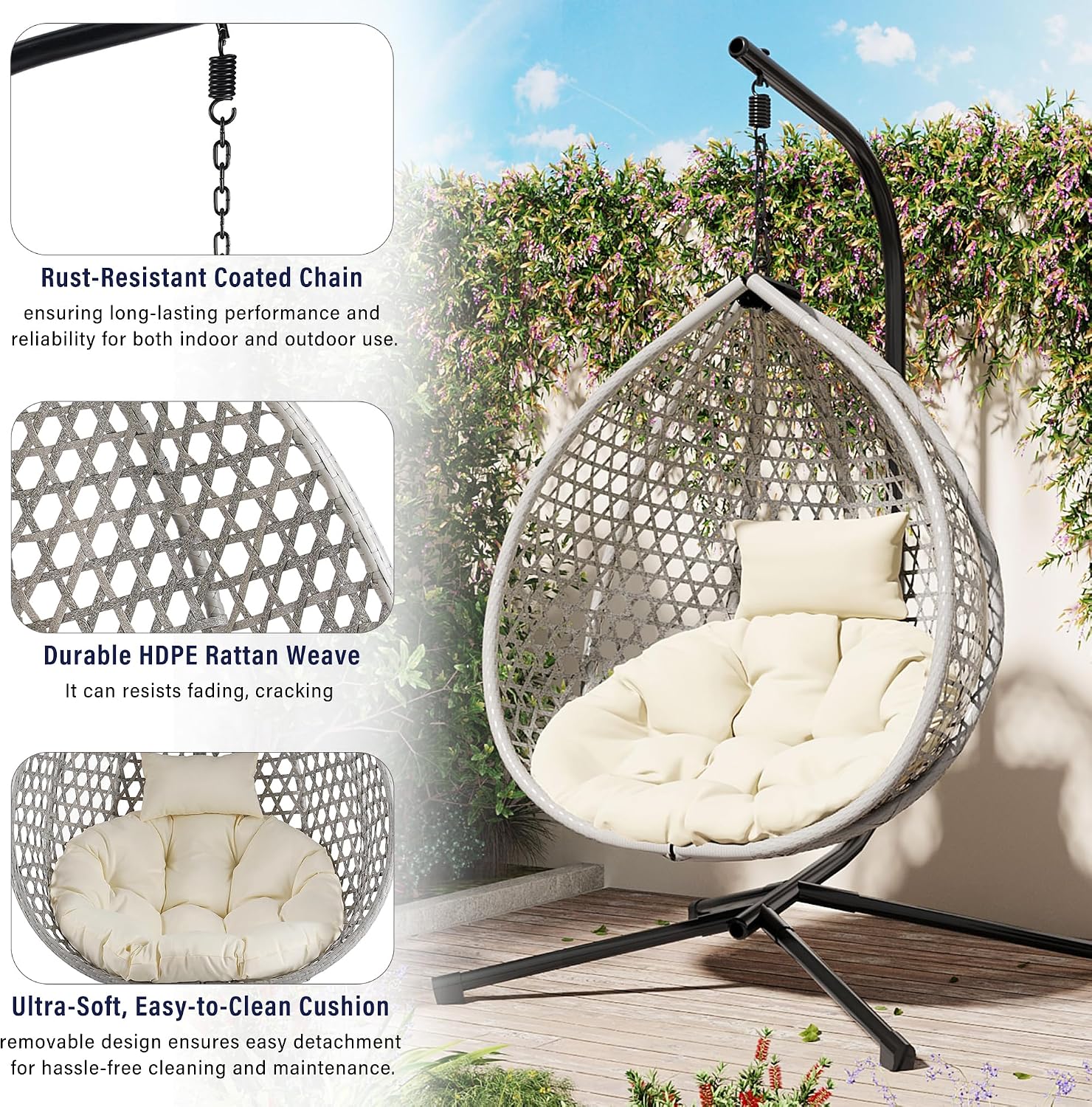 Indoor Outdoor Hammock Chair with Stand, Rattan Egg Hanging Swing Chair with Cushion for Balcony Bedroom Garden (Gray+Beige)