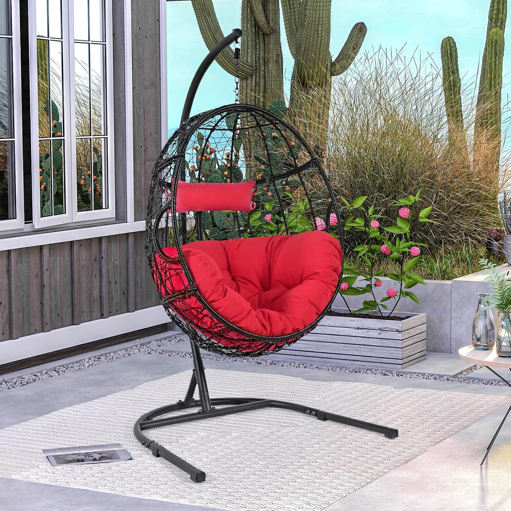 Tangkula Egg Chair with Stand, Hanging Egg Swing Chair with Removable Seat Cushion & Headrest, All-Weather Indoor Outdoor Hanging PE Wicker Egg Chairs for Outside, Balcony, Bedroom (Red)