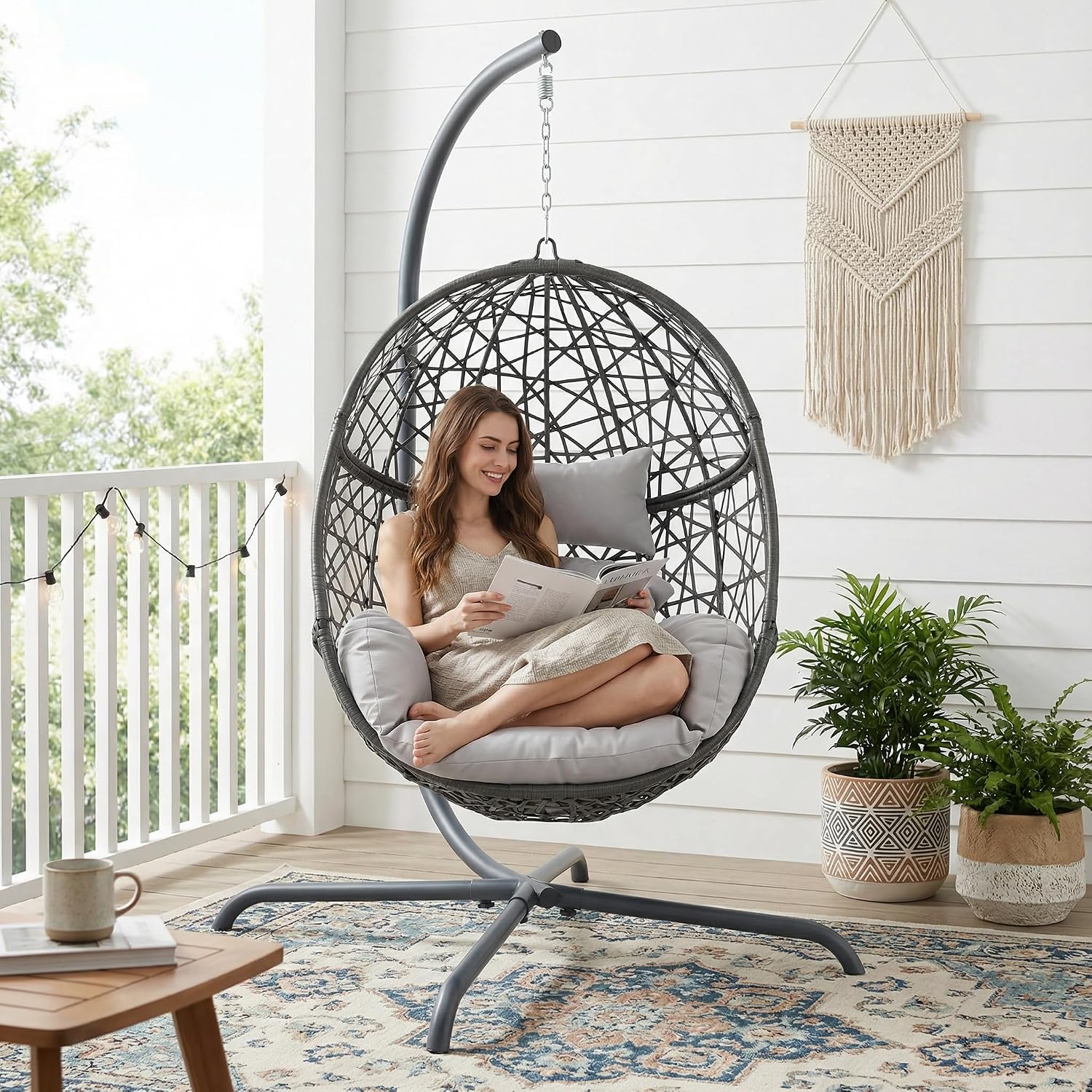 RADIATA Hanging Egg Chair with Stand, Outdoor Egg Swing Chair with Cozy Cushion, 350lbs Rattan Bird Nest Eggshell Basket Seat, Patio Swinging Chair for Indoor Balcony Porch, Grey