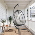 ALAULM Foldable Egg Chair with Stand, 485LBS Capacity Wicker Rattan Hammock Swing Chair for Outdoor & Indoor, Hanging Chair with Strong Frame & UV Resistant Cushion for Balcony, Bedroom, Cream