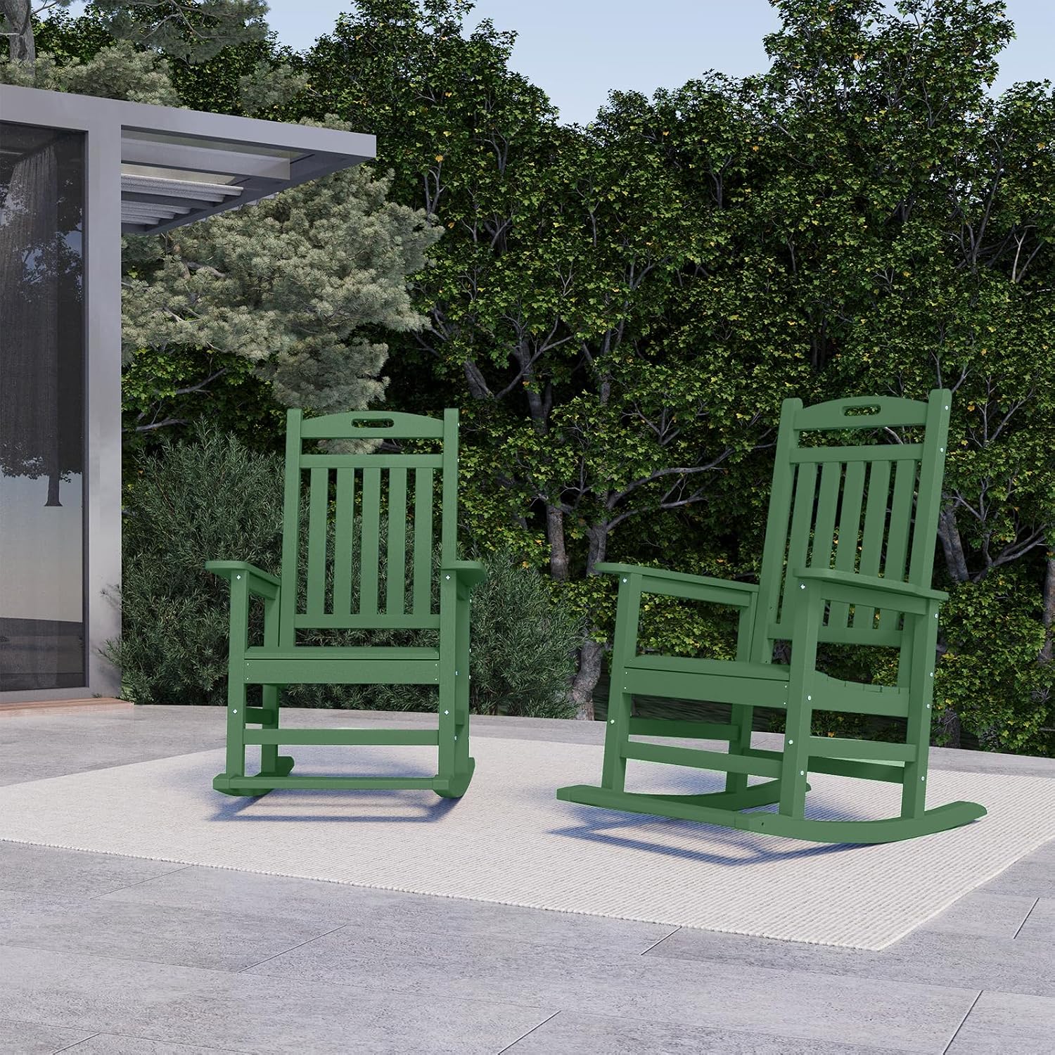 PLUUV Outdoor Rocking Chairs Set of 2, HDPE Patio Rocking Chair with Footboard, All Weather Porch Rockers Outdoor for Adult, Effortless Installation, Dark Green