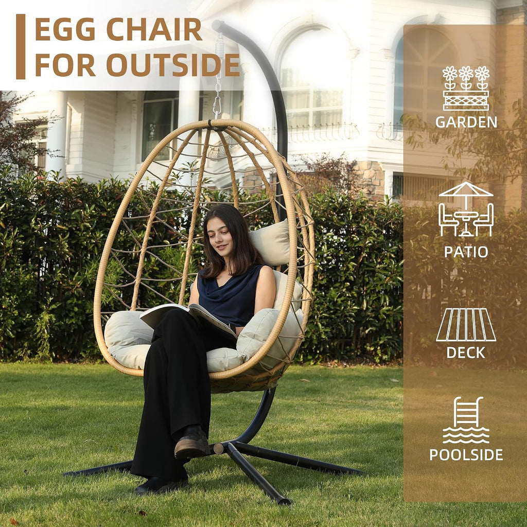 DoubleTT Egg Chair with Stand, Swing Chair Hanging Chair Nest Basket, UV Resistant Removable & Washable Cushions,350LBS Capacity for Bedroom, Balcony, Garden（YE-BE