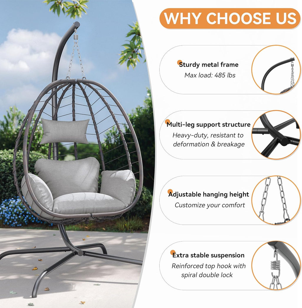 2 Pieces Outdoor Hanging Egg Chair with Stand,Patio Wicker Swing Egg Chair Hammock Chair with UV Resistant Cushion,All-Weather 485lbs Capacity for Bedroom,Balcony,Garden,Beige