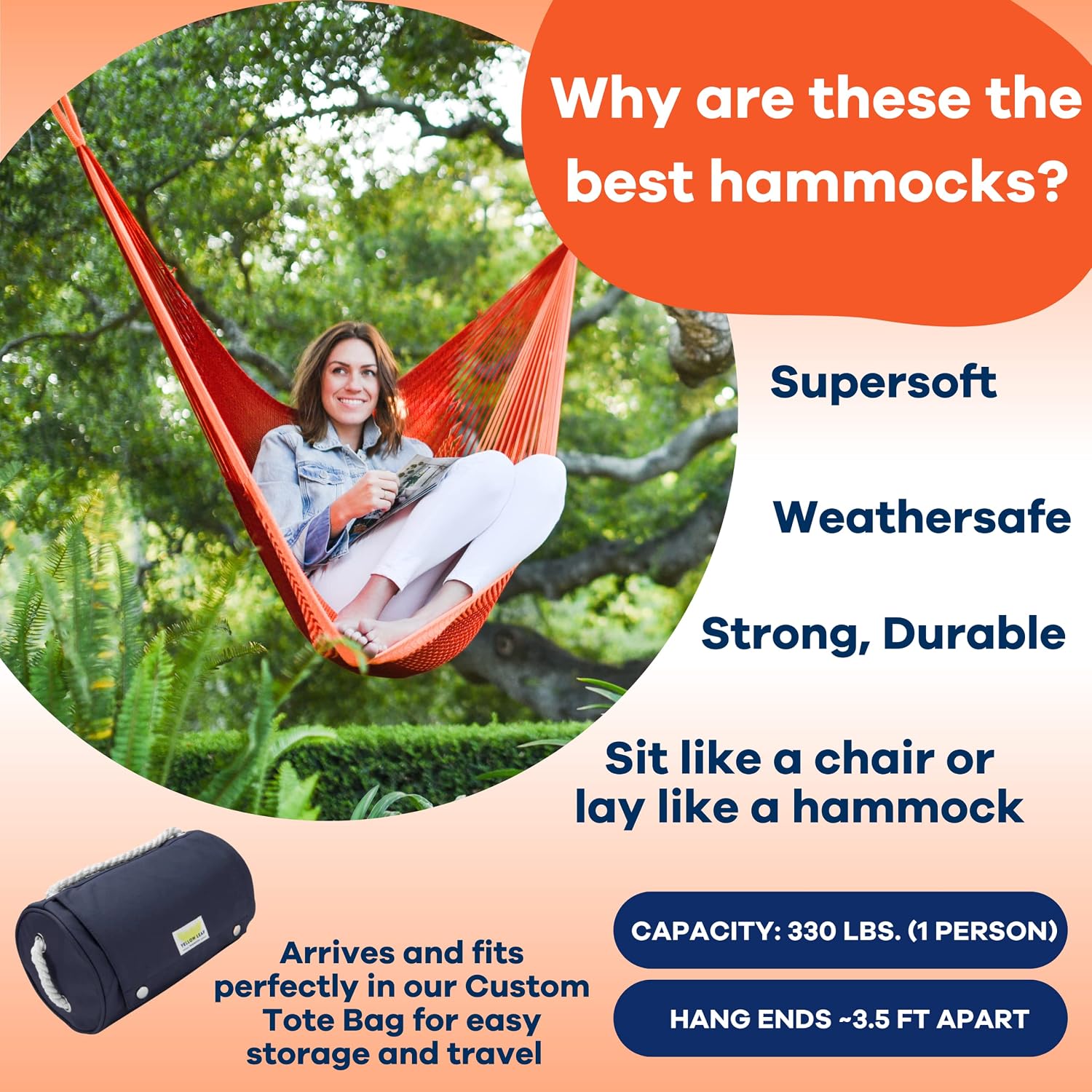 Handwoven Hanging Chair by Yellow Leaf Hammocks - Fits 1 Person, 330lb Max - Kick Back for Full-Body Recline - Weathersafe, Ultra Soft, Hang Anywhere - Color: Red- Orange