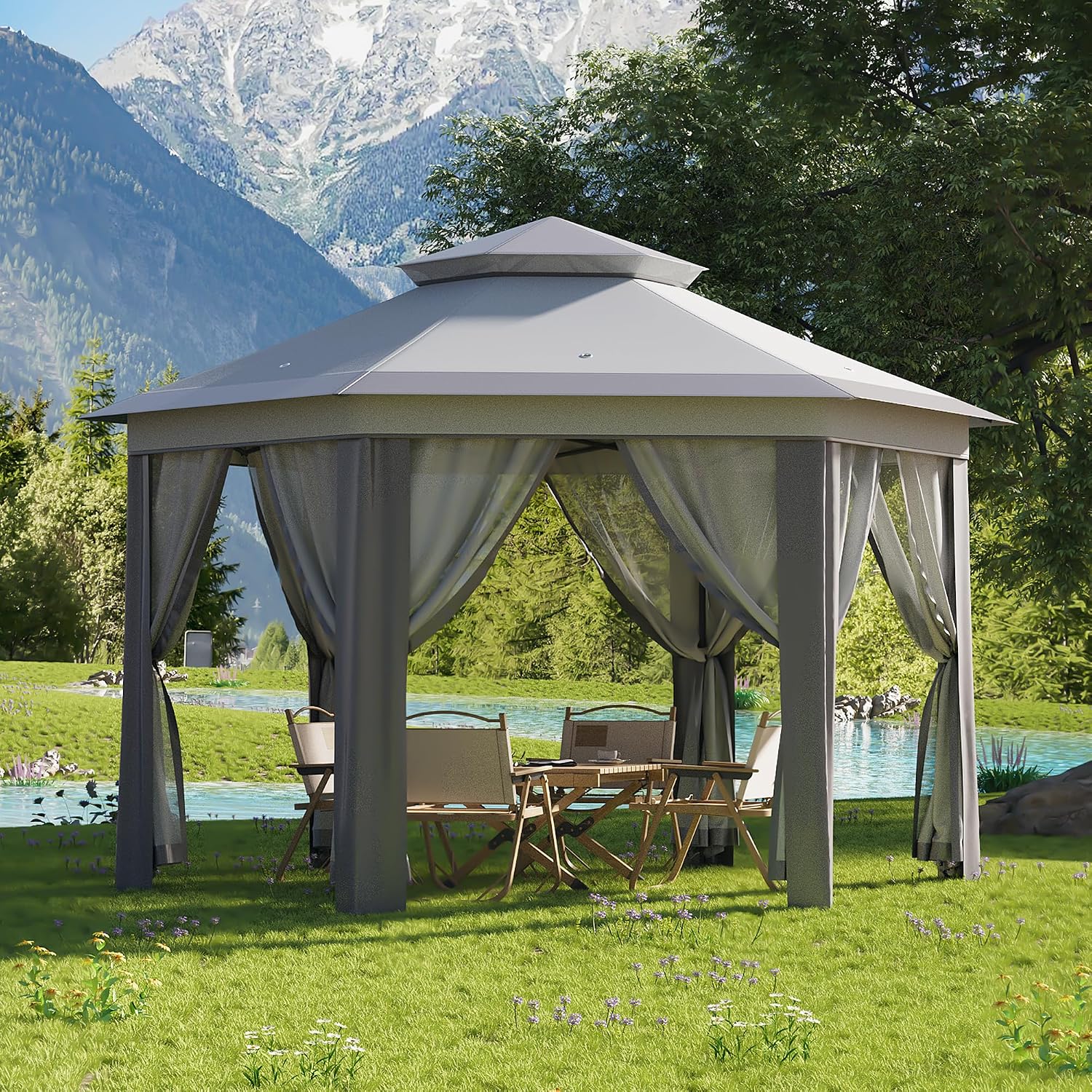13x13 Pop Up Gazebo Outdoor Hexagonal Canopy Tent with Mosquito Netting Sides Instant Patio Canopy Shelter, Rain & UV Resistant PA Coated Fabric, for Patios, Garden, Parties, Lawns Backya