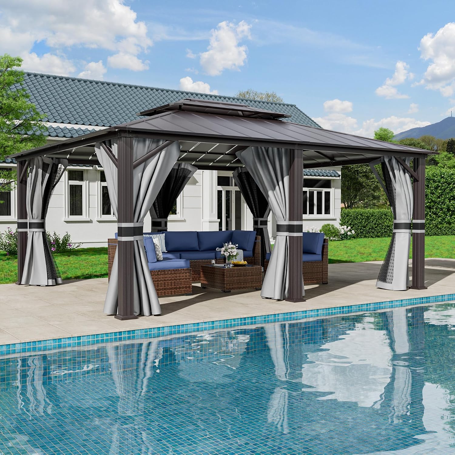 Amopatio 12' X 20' Permanent Hardtop Gazebo Aluminum Gazebo with Double Galvanized Steel Roof, Curtains and Netting Included,Outdoor Permanent Metal Pergola