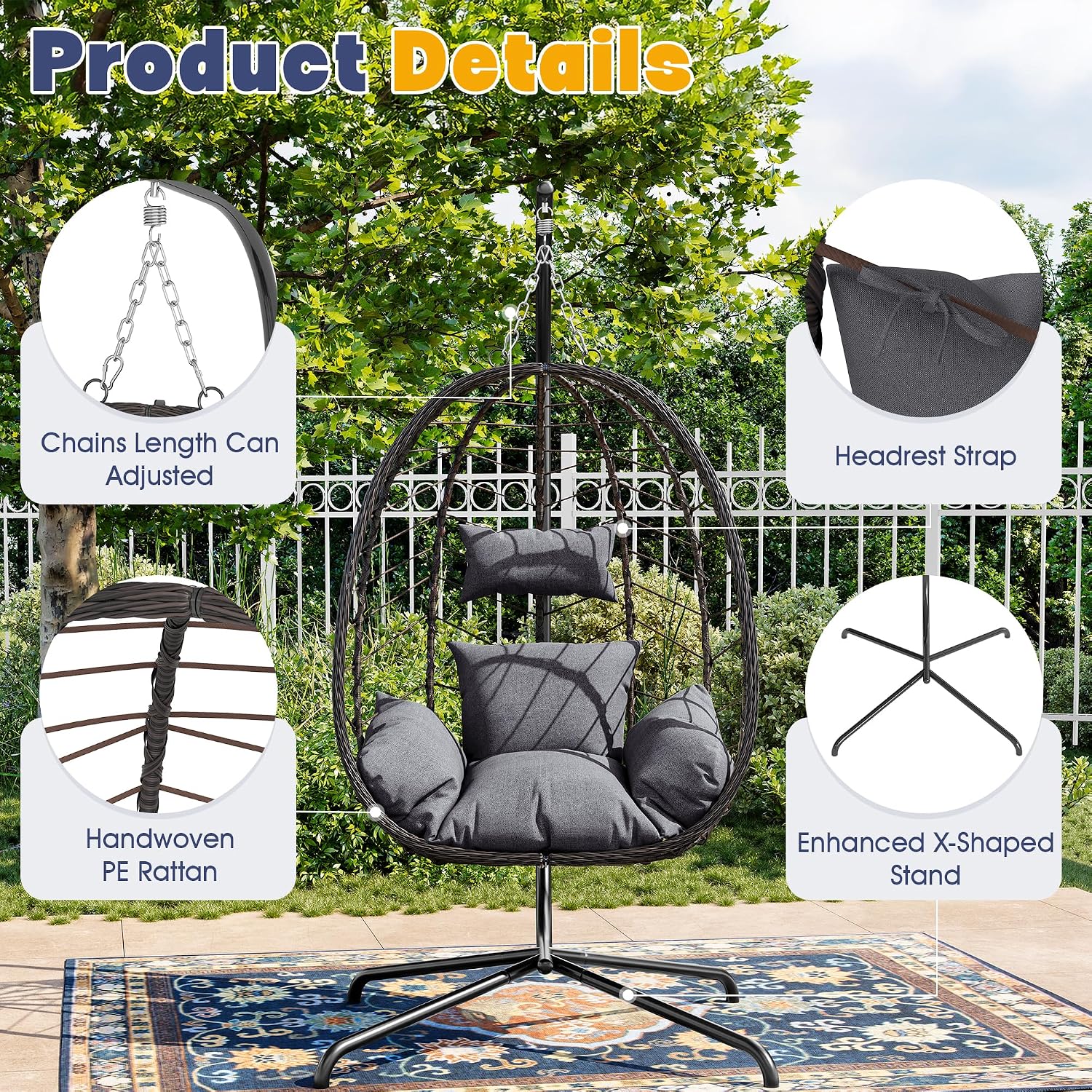 LEX CRAFT Egg Chair with Stand, Patio Wicker Hanging Chair, Hammock Swing Chair, 350LBS Capacity for Bedroom, Balcony, Garden(BR-GR)