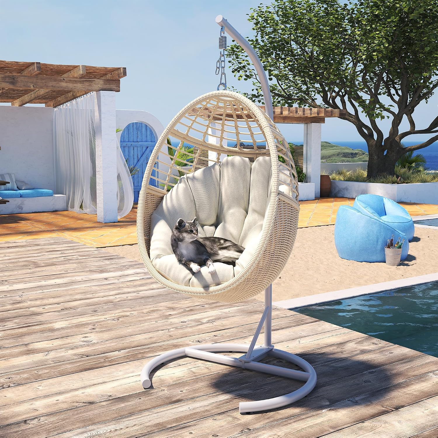 Egg Swing Chair with Stand: Hand Woven PE Rattan Hanging Chairs Hammock - Indoor Outdoor Swinging Lounger with Soft Cushion for 330lbs Patio Balcony Garden Living Room Bedroom Porch, Beige