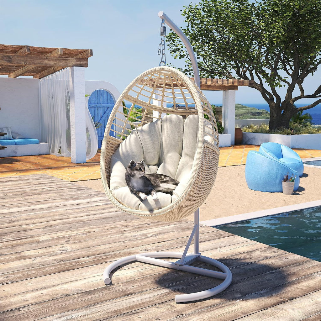 Egg Swing Chair with Stand, Rattan Egg Hanging Hammock Chair with Soft Cushion for 330lbs Patio Balcony Garden Living Room Bedroom Porch Indoor Outdoor, Beige