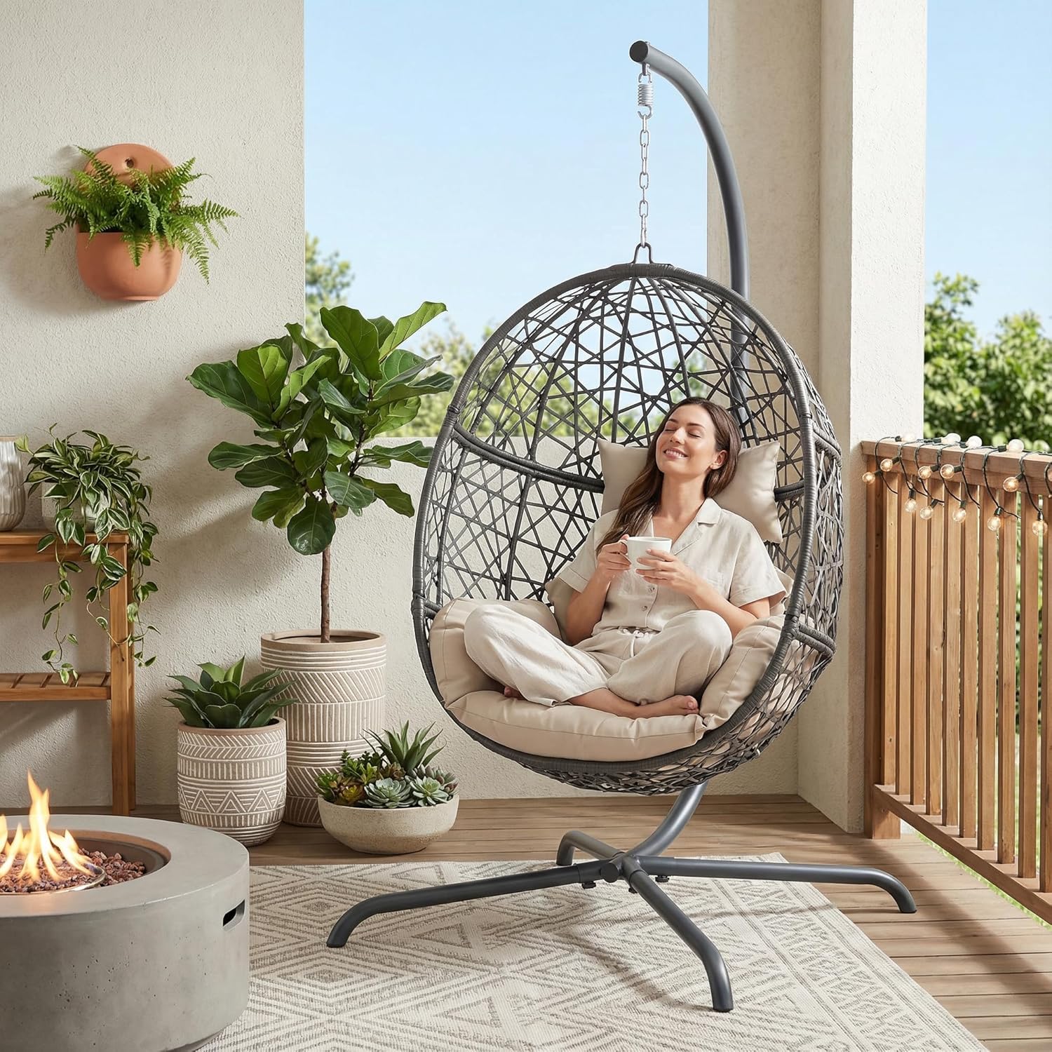NICESOUL Oversized Patio Swing Egg Chair, Rattan Outdoor Indoor Hanging Egg Chair with Stand, Cozy Bird Cage Swinging Basket Chairs, 350 lbs Egg-Shape Padded Seat for Balcony Outside, Beige