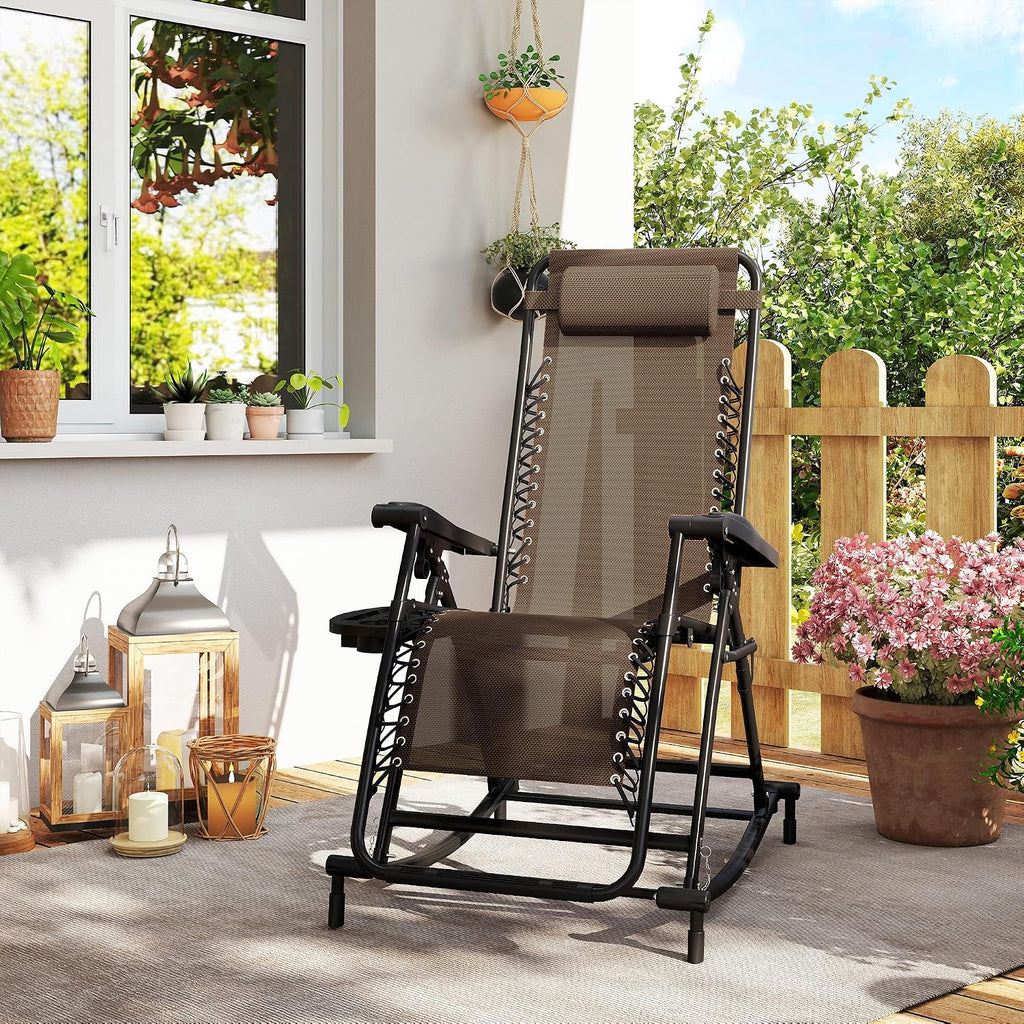 Outsunny Outdoor Rocking Chairs, Foldable Reclining Zero Gravity Lounge Rocker with Pillow, Cup & Phone Holder, Combo Design with Folding Legs, Brown