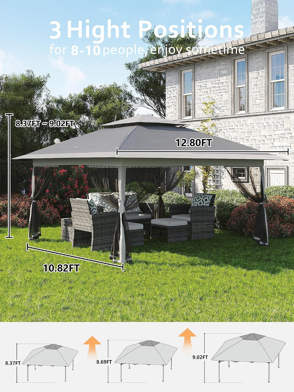Garvee 13x13 ft Pop Up Gazebo, Canopy Tent with Mosquito Netting, Outdoor Gazebos for Backyard & Patio Furniture - Pop Up Canpy with Wheeled STO-N-Go Cover Bag (Dark Grgy+Light Grey)