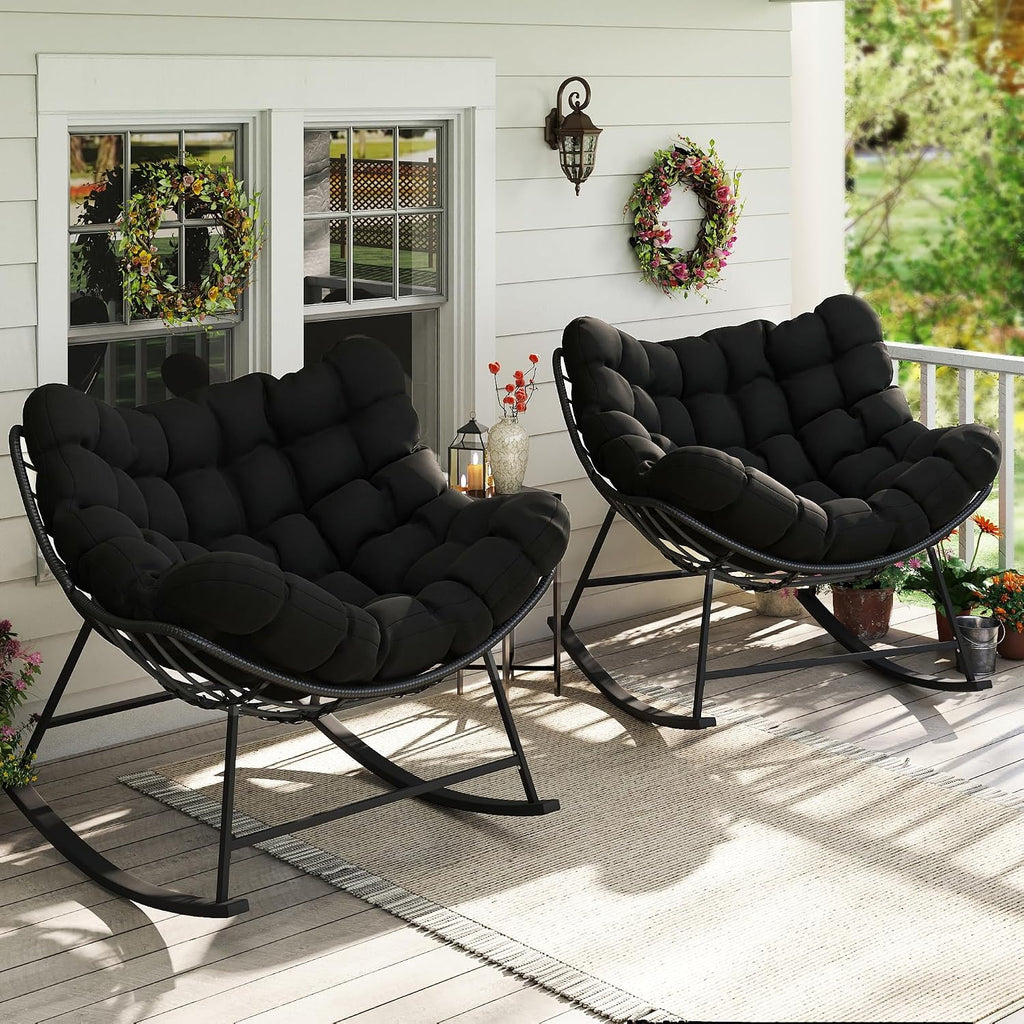 Kromax Oversized Outdoor Papasan Rocking Chair Set of 2, Wicker Egg Chair Rocker for Outside, Comfy Patio Rocker, Large Indoor Rocking Recliner, Modern Egg Style, Black