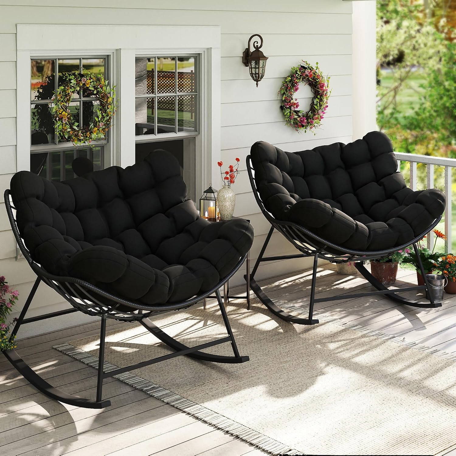 Kromax Oversized Outdoor Papasan Rocking Chair Set of 2, Wicker Egg Chair Rocker for Outside, Comfy Patio Rocker, Large Indoor Rocking Recliner, Modern Egg Style, Black