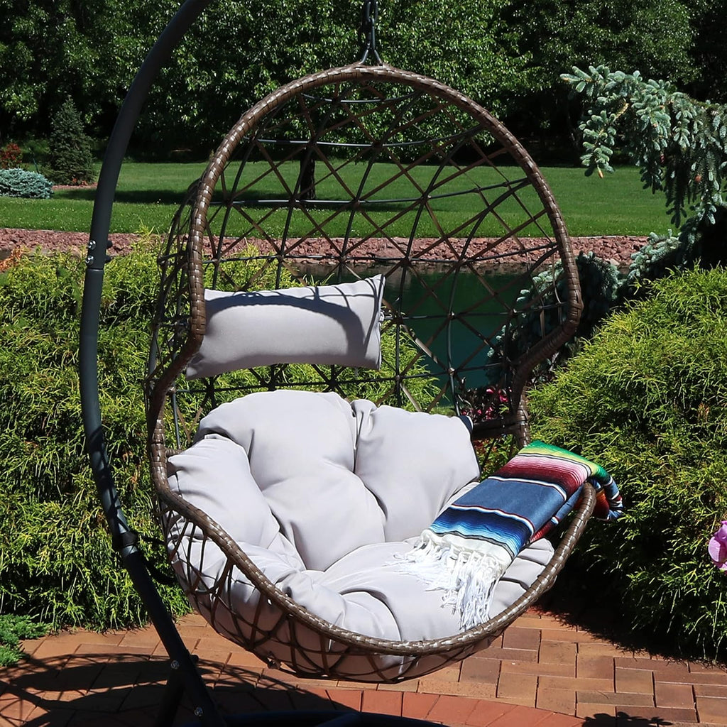 Sunnydaze Danielle Hanging Egg Chair - Resin Wicker Basket Design - Outdoor Use - Includes Gray Cushion