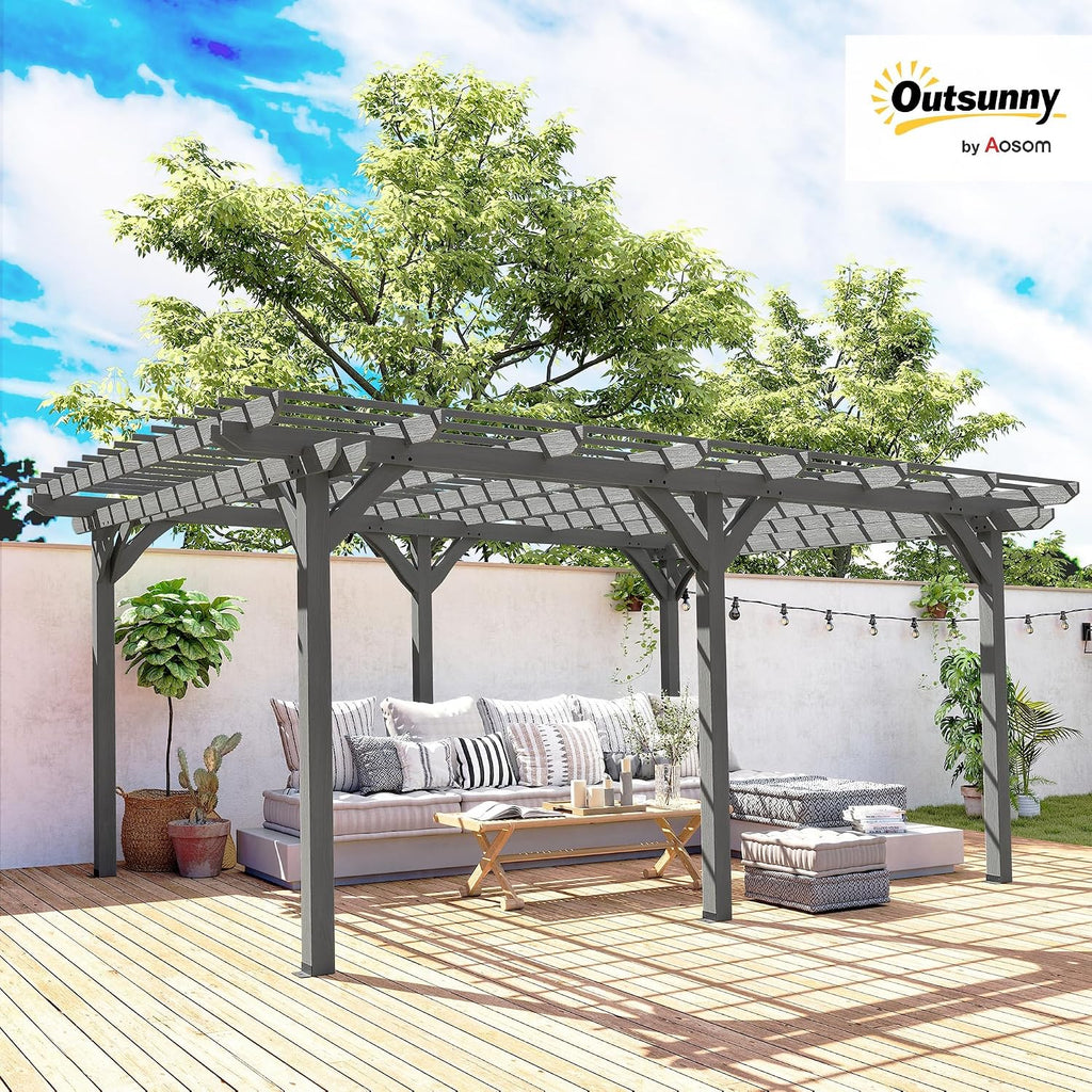 Outsunny 12' x 16' Outdoor Pergola, Wood Gazebo Grape Trellis with Stable Structure for Climbing Plant Support, Garden, Patio, Backyard, Deck, Gray