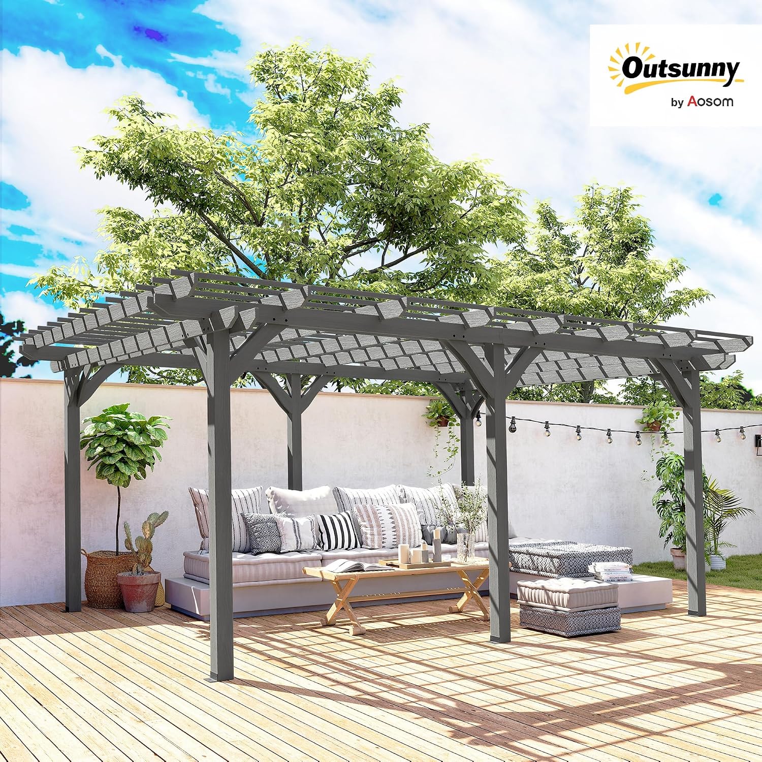 Outsunny 12' x 16' Outdoor Pergola, Wood Gazebo Grape Trellis with Stable Structure for Climbing Plant Support, Garden, Patio, Backyard, Deck, Gray