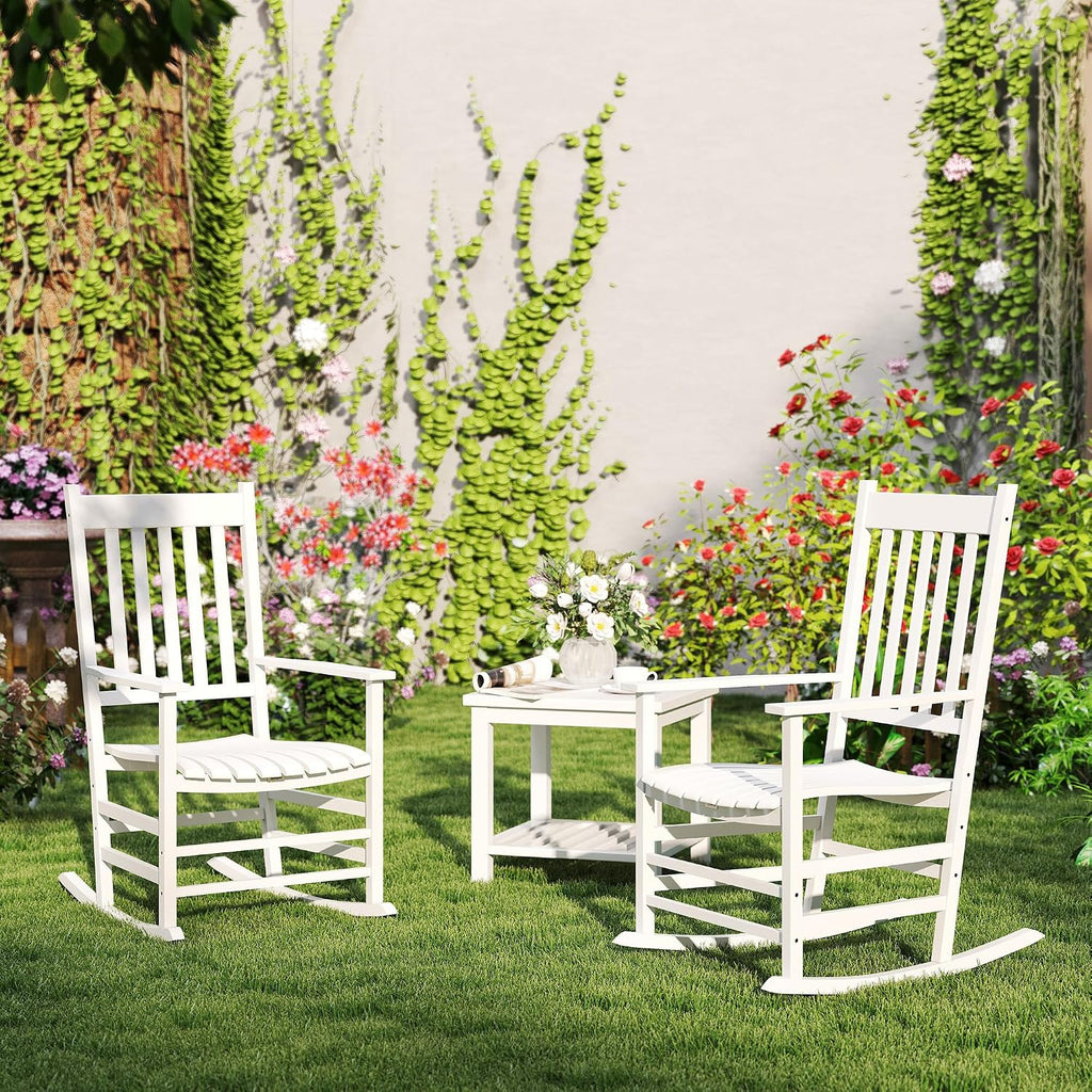 Outsunny Outdoor Rocking Chair Set of 2, Patio Rocking Chair with Smooth Curves, High Density Wooden Rockers for Lawn Garden Porch, Supports Up to 350lbs, White