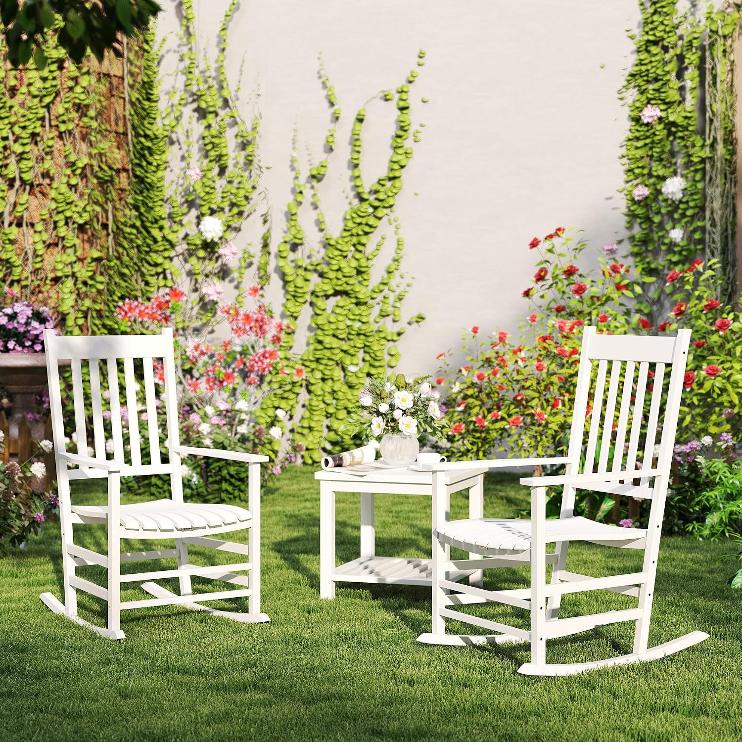 Outsunny Outdoor Rocking Chair Set of 2, Patio Rocking Chair with Smooth Curves, High Density Wooden Rockers for Lawn Garden Porch, Supports Up to 350lbs, White