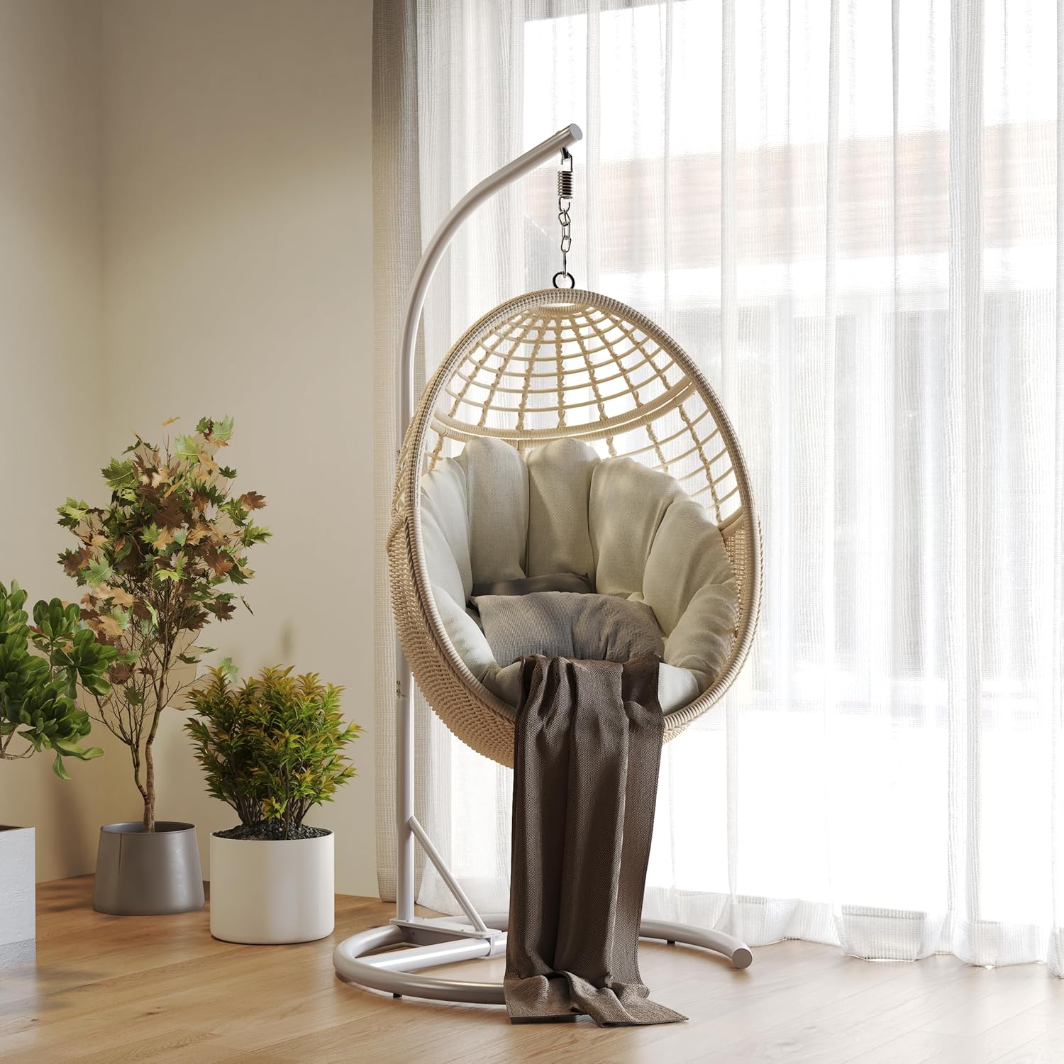 Egg Swing Chair with Stand, Rattan Egg Hanging Hammock Chair with Soft Cushion for 330lbs Patio Balcony Garden Living Room Bedroom Porch Indoor Outdoor, Beige