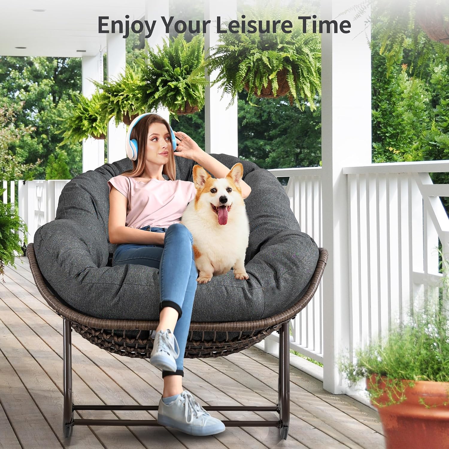 HOMEFUN Outdoor Patio Rocking Chairs, Oversized Papasan Rock Chair Indoor with Padded Cushion - Rocker Egg for Front Porch, Garden, Backyard Gray