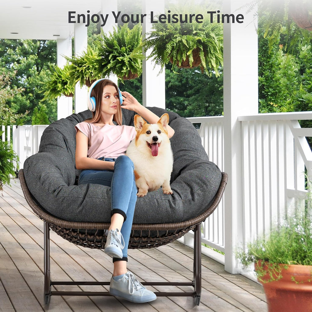 HOMEFUN Outdoor Patio Rocking Chairs Set of 2, Oversized Papasan Rock Chair Indoor with Padded Cushion - Rocker Egg Seat for Front Porch, Garden, Backyard Gray