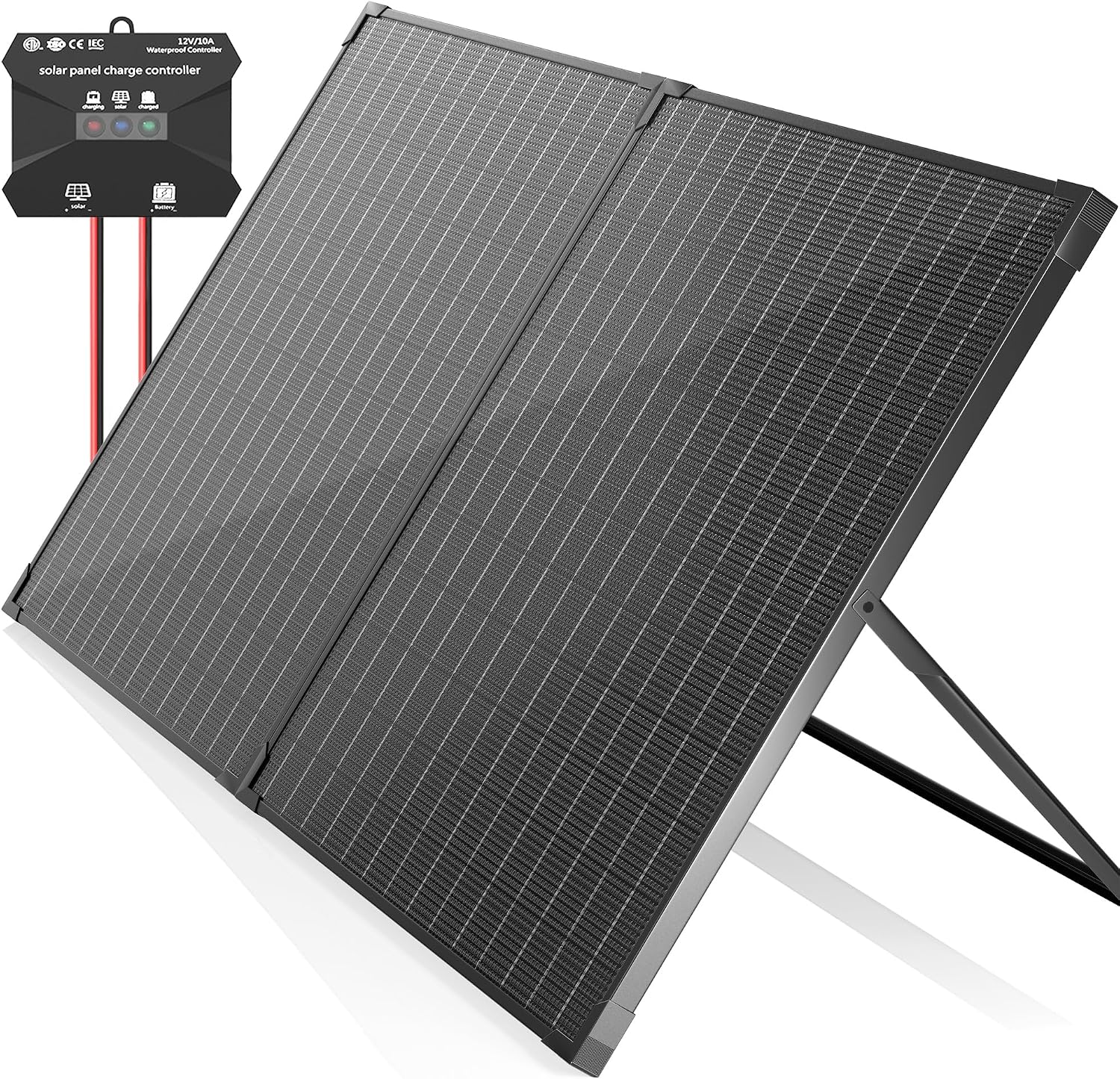 VOLTSET 100 Watt 12 Volt Portable Solar Panel with Waterproof 10A Charger Controller, Foldable 100W Solar Charger Suitcase with H-Bracket for Power Station, Car, Camping, RV, Boat and Outside