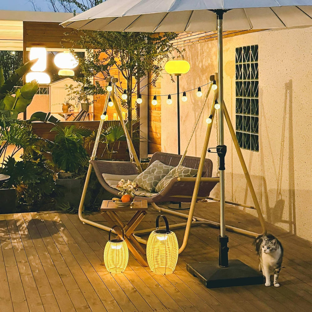 PURPLE LEAF 2 Seat Porch Swing with 12 White LED Lights Outdoor Hand-Woven Rattan Hanging Cloud Swing Chair for Indoor Backyard Garden Patio Hammock Swinging, Cushion and Pillows Included