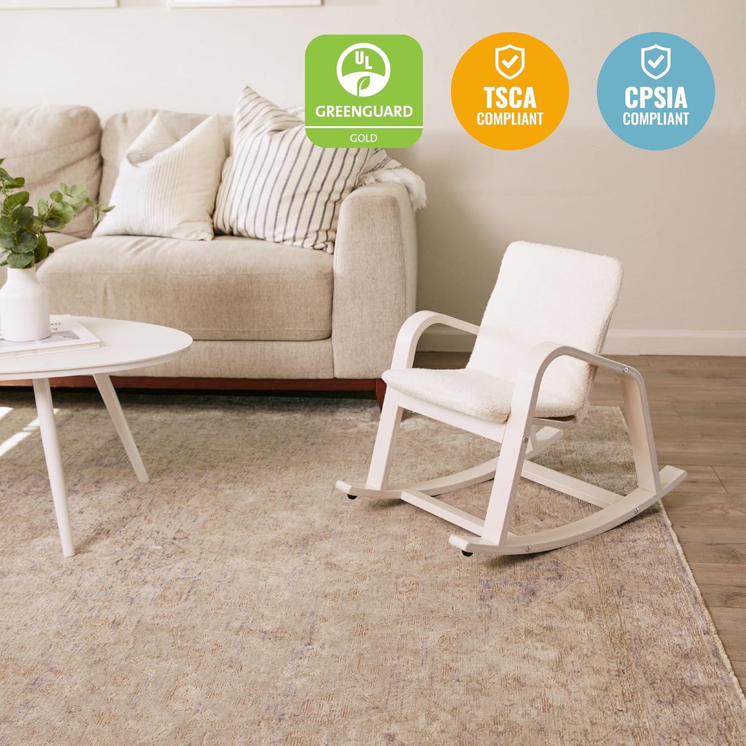 ECR4Kids Bentwood Reading Rocking Chair with Armrests and Cushion, Montessori Furniture, White Wash