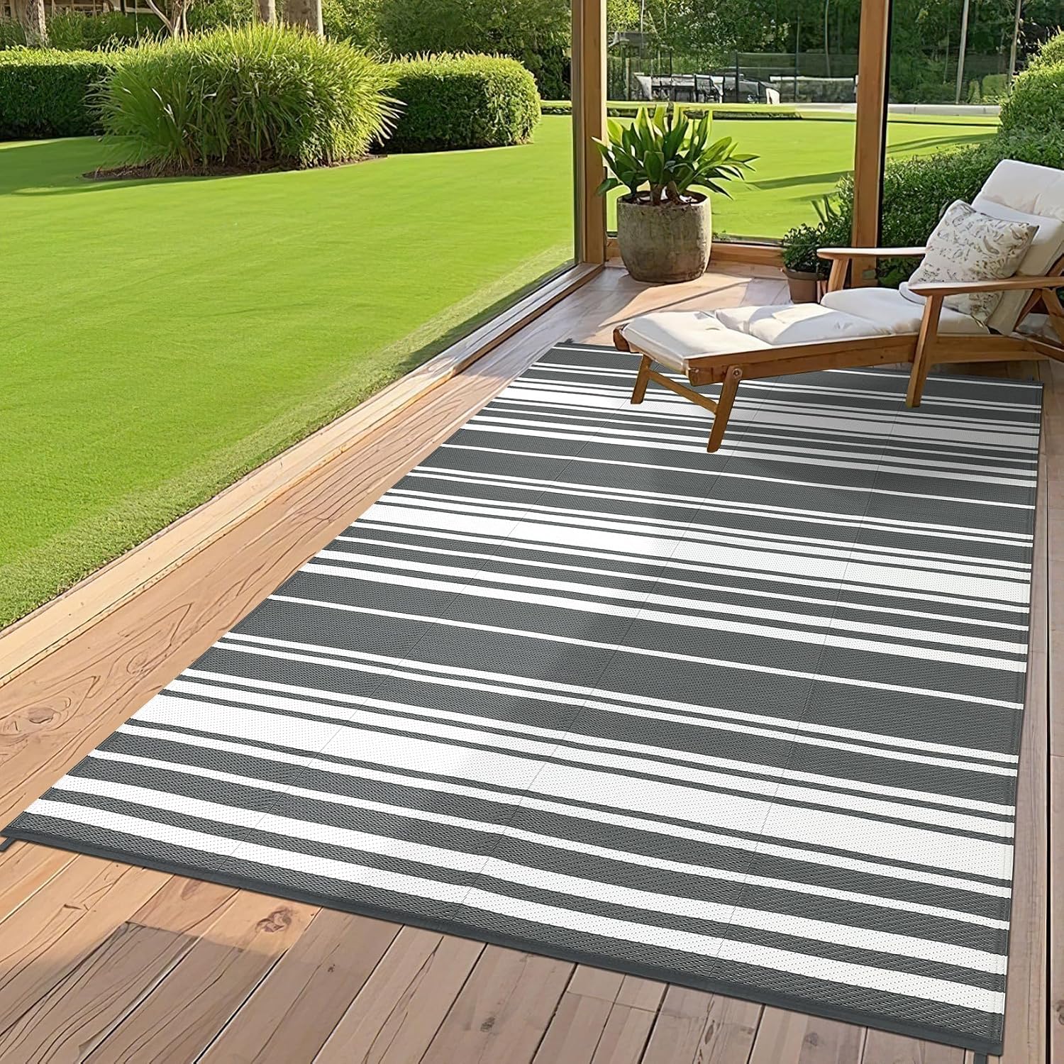 Garvee Outdoor Rug 9 ft x 18 ft Waterproof Plastic Straw Patio Rug, Outdoor Large Area Rug Mats for Camper Indoor Outdoor Carpet for Rv Deck Porch Picnic Beach Balcony (Grey)