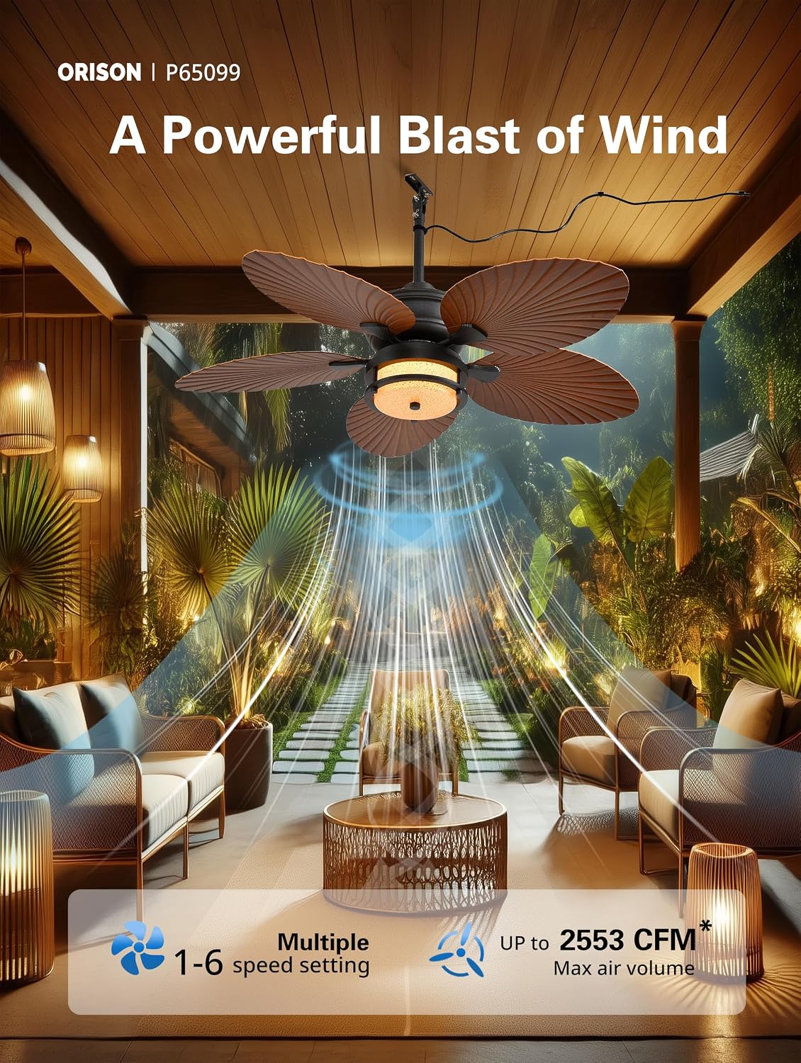 Orison 52'' Outdoor Ceiling Fan with Lights, Tropical Palm Leaf Fan, Wet Rated for Patio, Porch & Gazebo, Dimmable LED, 6-Speed, Remote & App Control, Plug-in/Flush Mount, Bronze