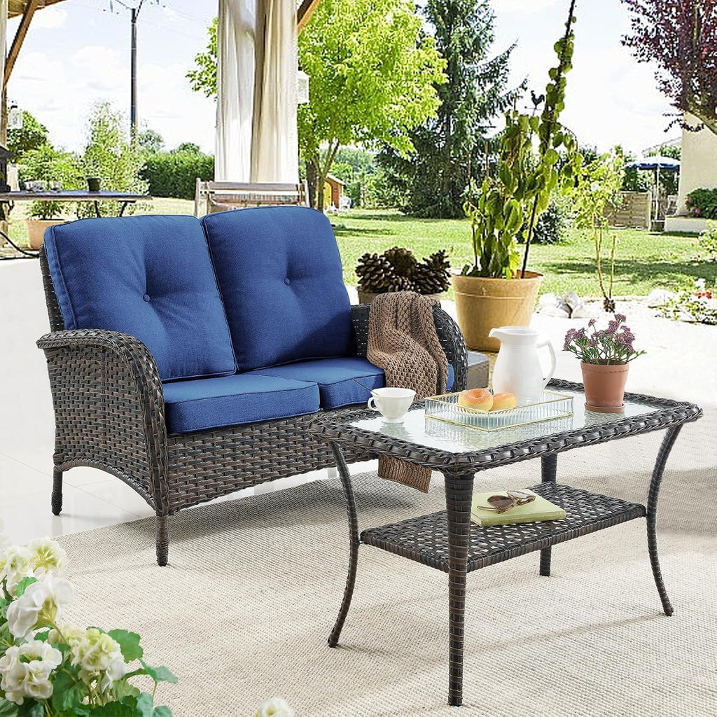 Belord Patio Wicker Furniture with Rocking Chairs Loveseat, 5 Piece Rattan Furniture Outdoor Table and Rocking Chairs Set for Patio Deck Porch Backyard Brwon/Blue
