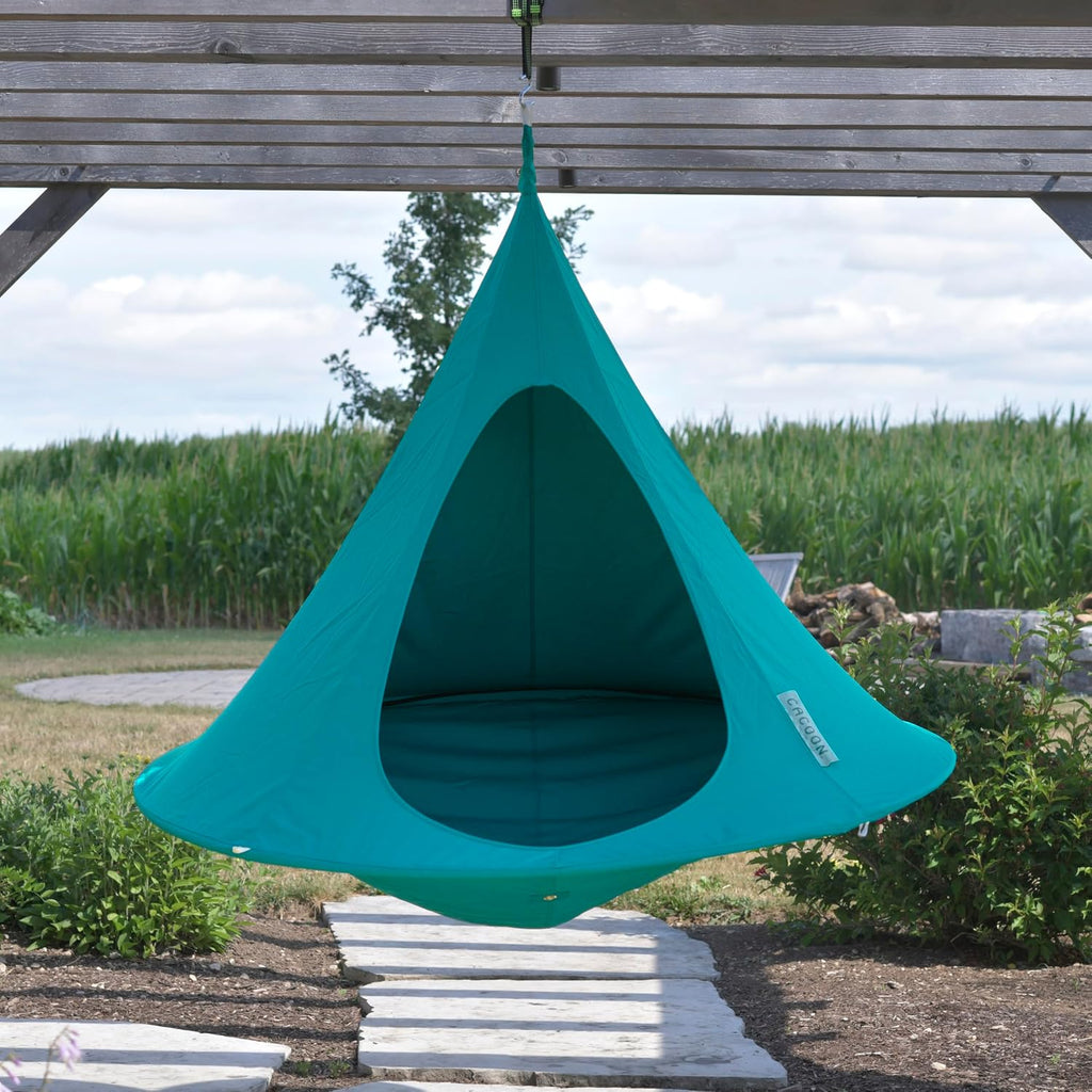 Double Cacoon Hanging Chair for Two – Cozy Indoor/Outdoor Hammock with Polyester Canvas, 440 lb Capacity, Includes 18ft Rope & Carabiner (Bayou Breeze)
