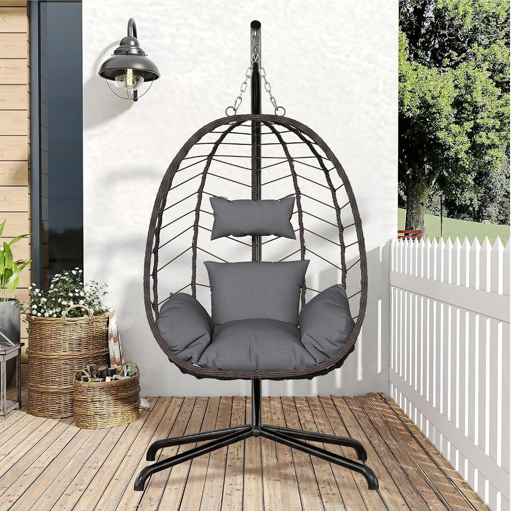LEX CRAFT Hanging Egg Chair with Stand, Swinging Egg Chair Outdoor Indoor, Hanging Basket Chair with Cushion, Patio Wicker Hammock Chair 350lbs Capacity for Porch, Balcony, Backyard, Garden (Grey)