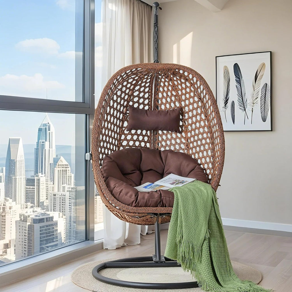Egg Swing Chair with Stand Outdoor Indoor, Hanging Egg Chair with Cushions and Pillow,300lbs Capacity for Porch, Patio, Bedroom, Balcony, Brown
