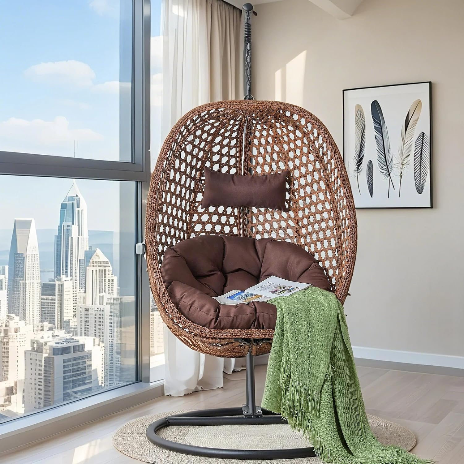 Egg Swing Chair with Stand Outdoor Indoor, Hanging Egg Chair with Cushions and Pillow,300lbs Capacity for Porch, Patio, Bedroom, Balcony, Brown