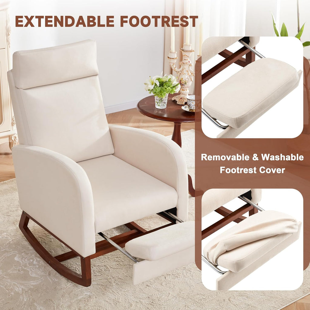 Rocking Chair with Foot Rest, Ergonomic Nursery Chair with High Back, Baby Glider Rocker, Nursing Chair Accent Living Room (Linen Beige)
