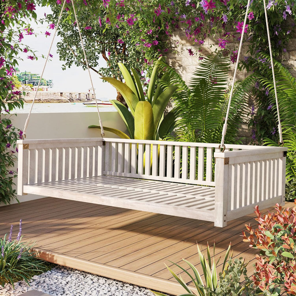 Minimalist 2-Person Acacia Wood Swing Bed, Patio Porch Swing with Ropes for Backyard Garden, Safe Sloped Design,Mattress, Cushions and Pillows not Included(White/Acacia)