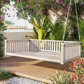 Minimalist 2-Person Acacia Wood Swing Bed, Patio Porch Swing with Ropes for Backyard Garden, Safe Sloped Design,Mattress, Cushions and Pillows not Included(White/Acacia)