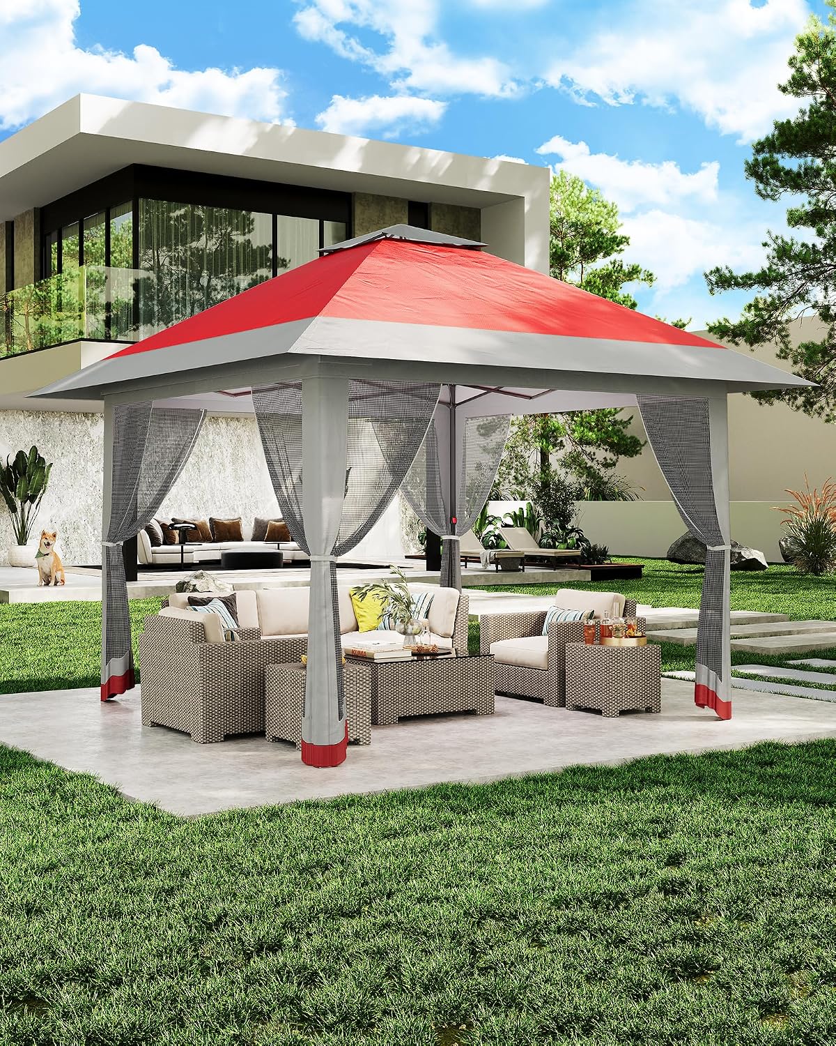 13'x13' Pop Up Gazebo, Outdoor Canopy Tent with Mosquito Netting, Pop Up Canopy with Double Roof Design & Adjustable Height, UV-Resistant Patio Gazebo Sunshade for Graden/Backyard/Lawn/Beach (Red)