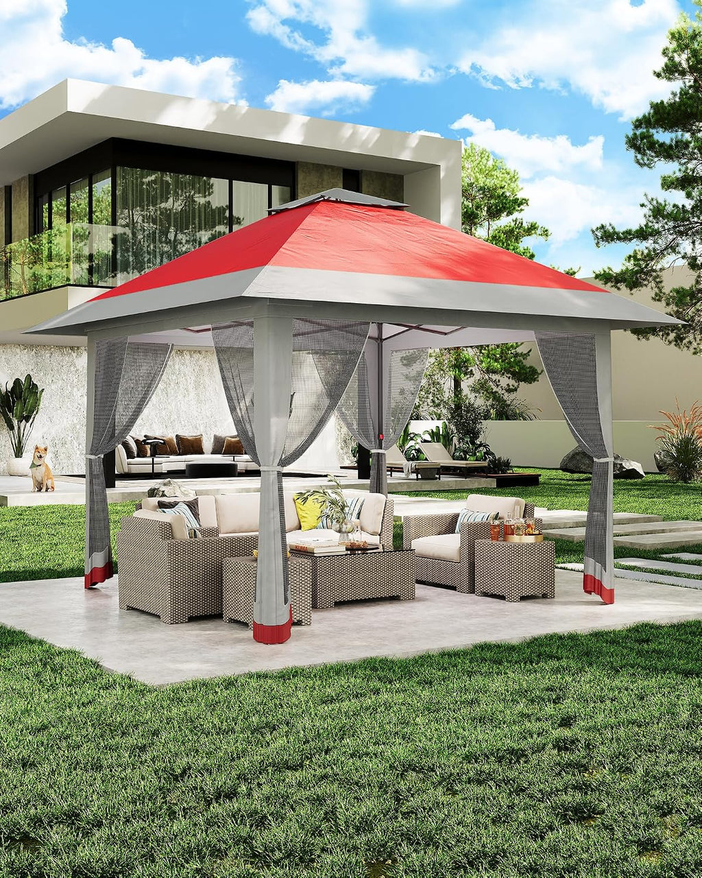 13x13 Pop Up Gazebo, Outdoor Canopy Tent with Mosquito Netting, [Adjustable Height & Spacious] Pop Up Tent with Double Roof, UV-Resistant Outdoor Gazebo for Backyard, Patio, Lawn, Garden, Deck(Red)