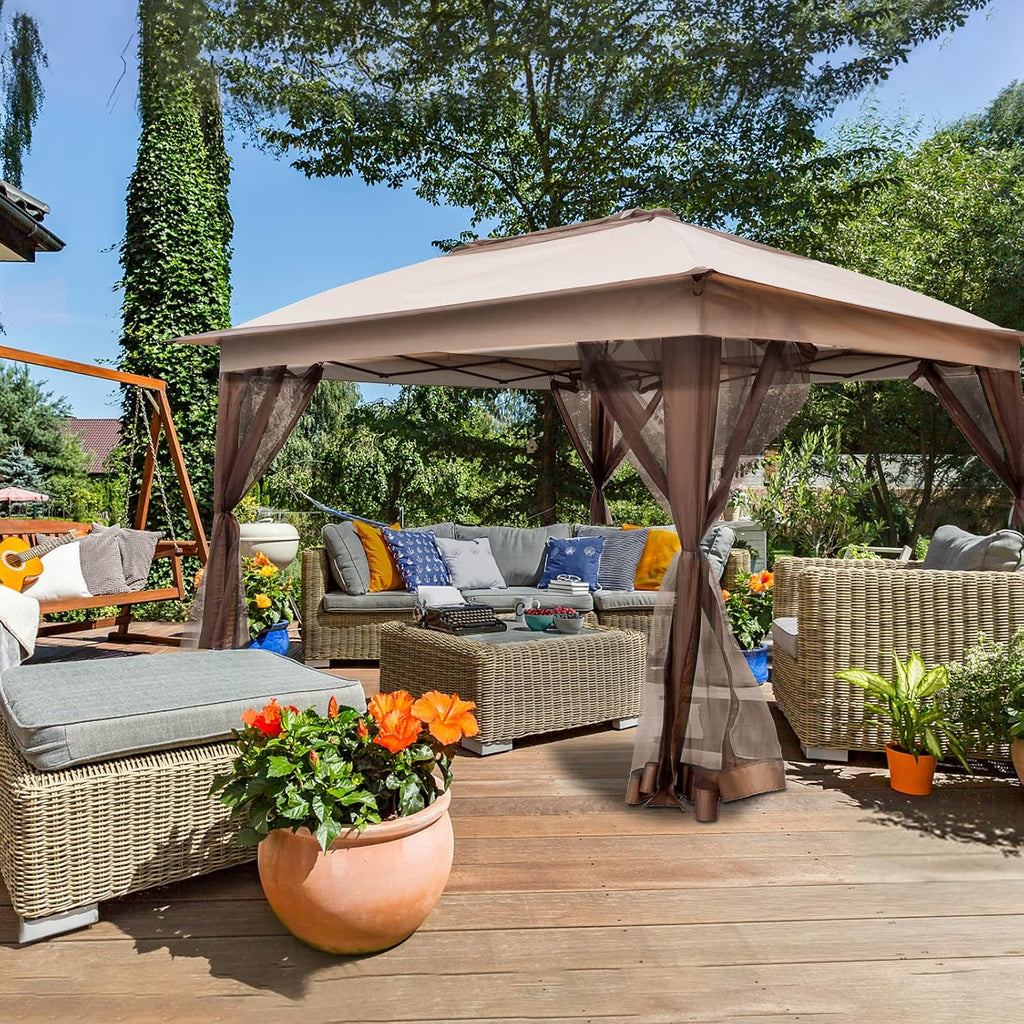 11'x11' Pop Up Gazebo for Patios Gazebo Canopy Tent with Sidewalls Outdoor Gazebo with Mosquito Netting Pop Up Canopy Shelter Wedding Tent, Beige