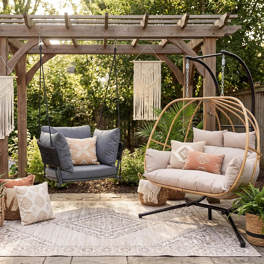 Double Egg Chair Outdoor, Egg Swing Chair with Stand, Hanging Swing Chair Outdoor with Cushions/Headrest, 80' H Hanging Chairs with Stand Indoor, Metal Basket Swing Egg Chairs for Deck, Brown