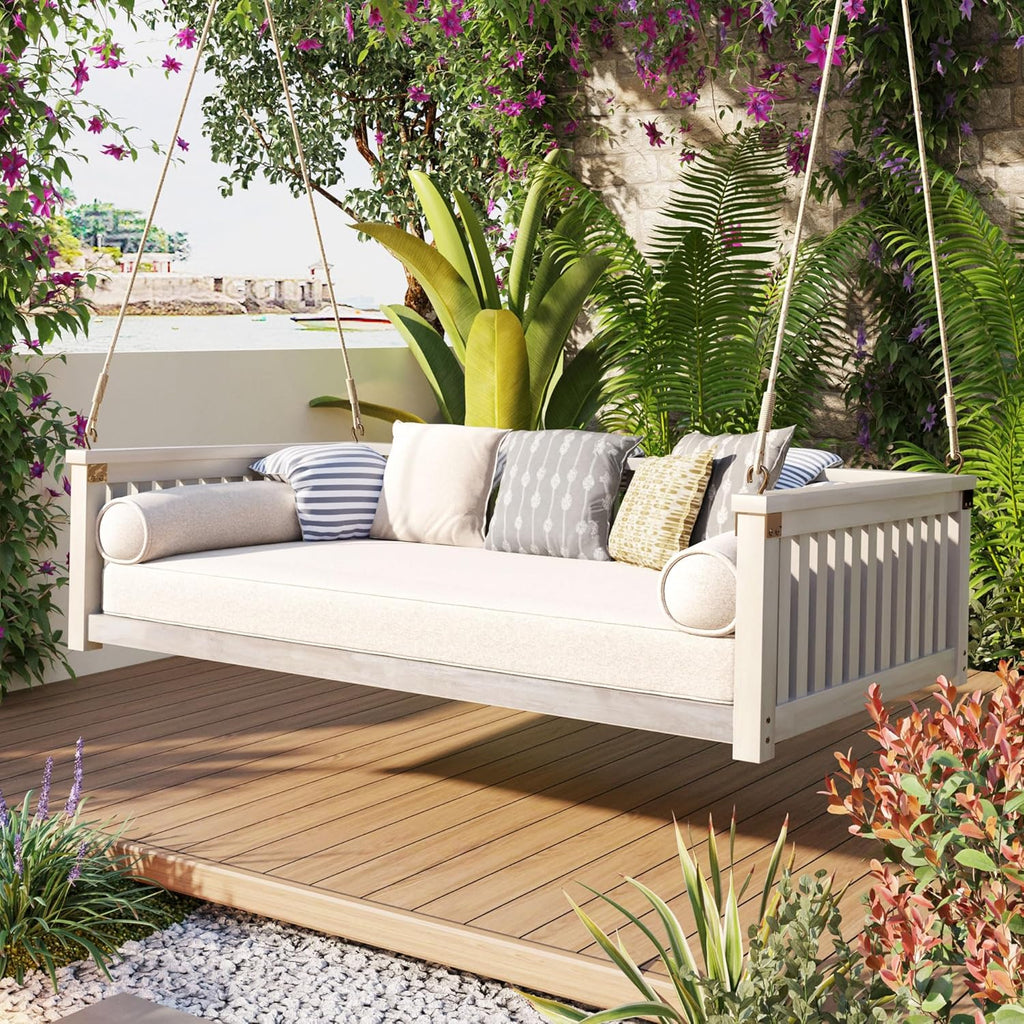 Minimalist 2-Person Acacia Wood Swing Bed, Patio Porch Swing with Ropes for Backyard Garden, Safe Sloped Design,Mattress, Cushions and Pillows not Included(White/Acacia)