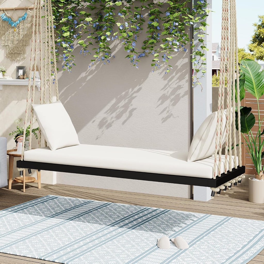 Merax Outdoor Patio Wooden Swing Chair, 2-Seat Hanging Porch Hammock Bench with Cushion & Pillows, 10.8Ft Hemp Ropes for Garden, Backyard, Lawn, Black