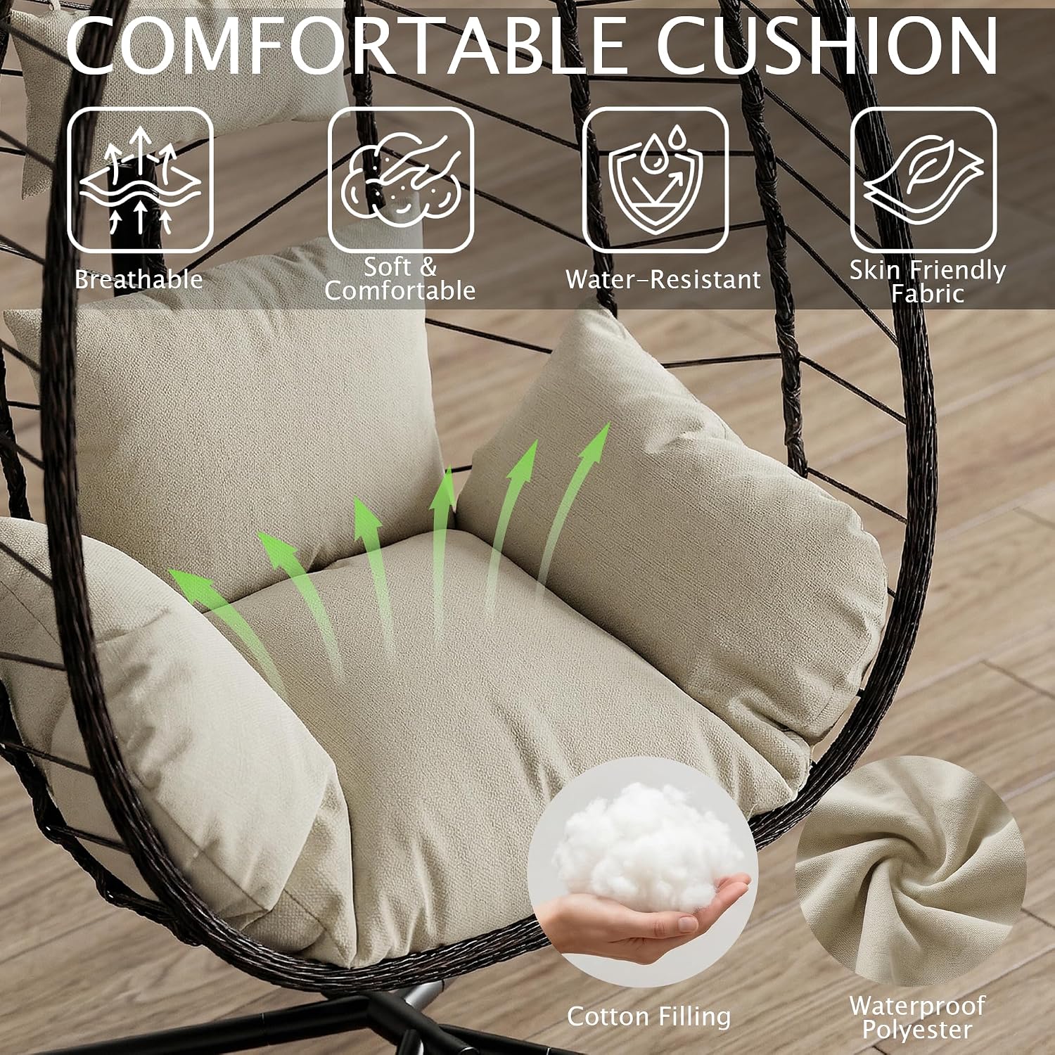 LEX CRAFT Hanging Egg Chair with Stand, Swinging Egg Chair Outdoor Indoor, Hanging Basket Chair with Cushion, Patio Wicker Hammock Chair 350lbs Capacity for Porch, Balcony, Backyard, Garden (Beige1)