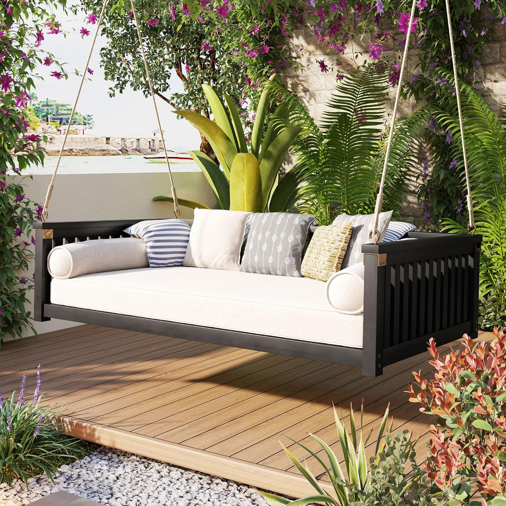 Minimalist 2-Person Acacia Wood Swing Bed, Patio Porch Swing with Ropes for Backyard Garden, Safe Sloped Design, Mattress, Cushions and Pillows not Included (Black/Acacia)