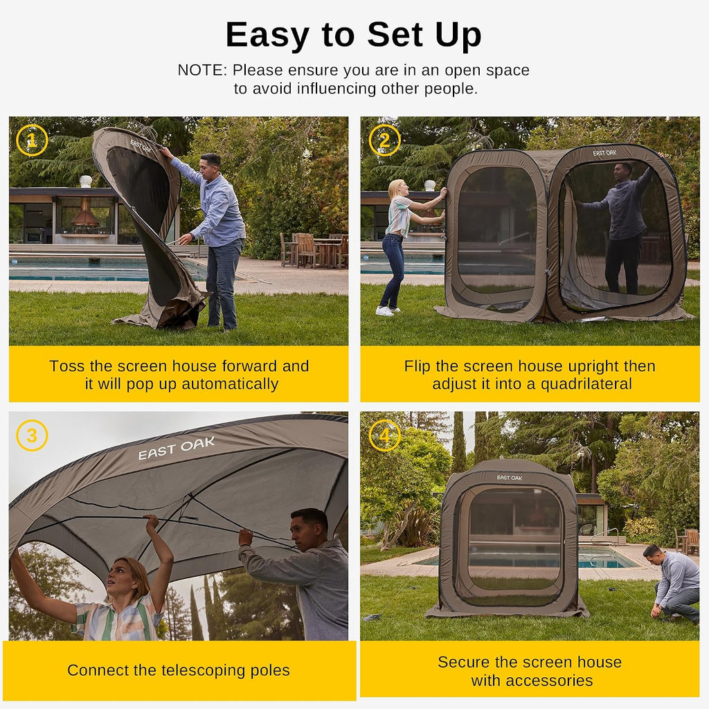 East Oak Screen House Tent Pop-Up, 6 x 6 FT Portable Screen Room Canopy Instant Screen Tent with Carry Bag for Patio, Backyard & Outdoor Activities, Brown