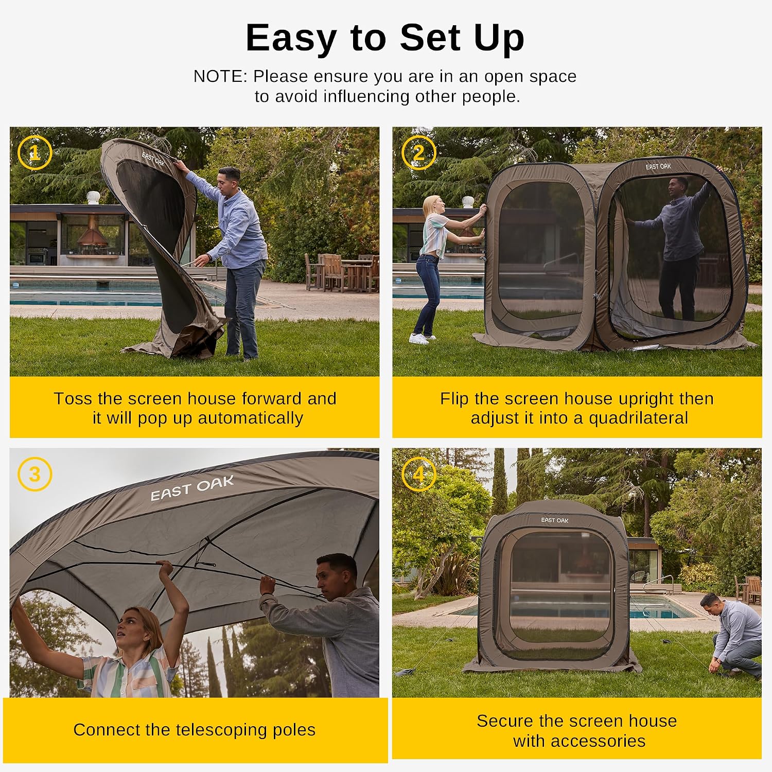 East Oak Screen House Tent Pop-Up, 6 x 6 FT Portable Screen Room Canopy Instant Screen Tent with Carry Bag for Patio, Backyard & Outdoor Activities, Brown