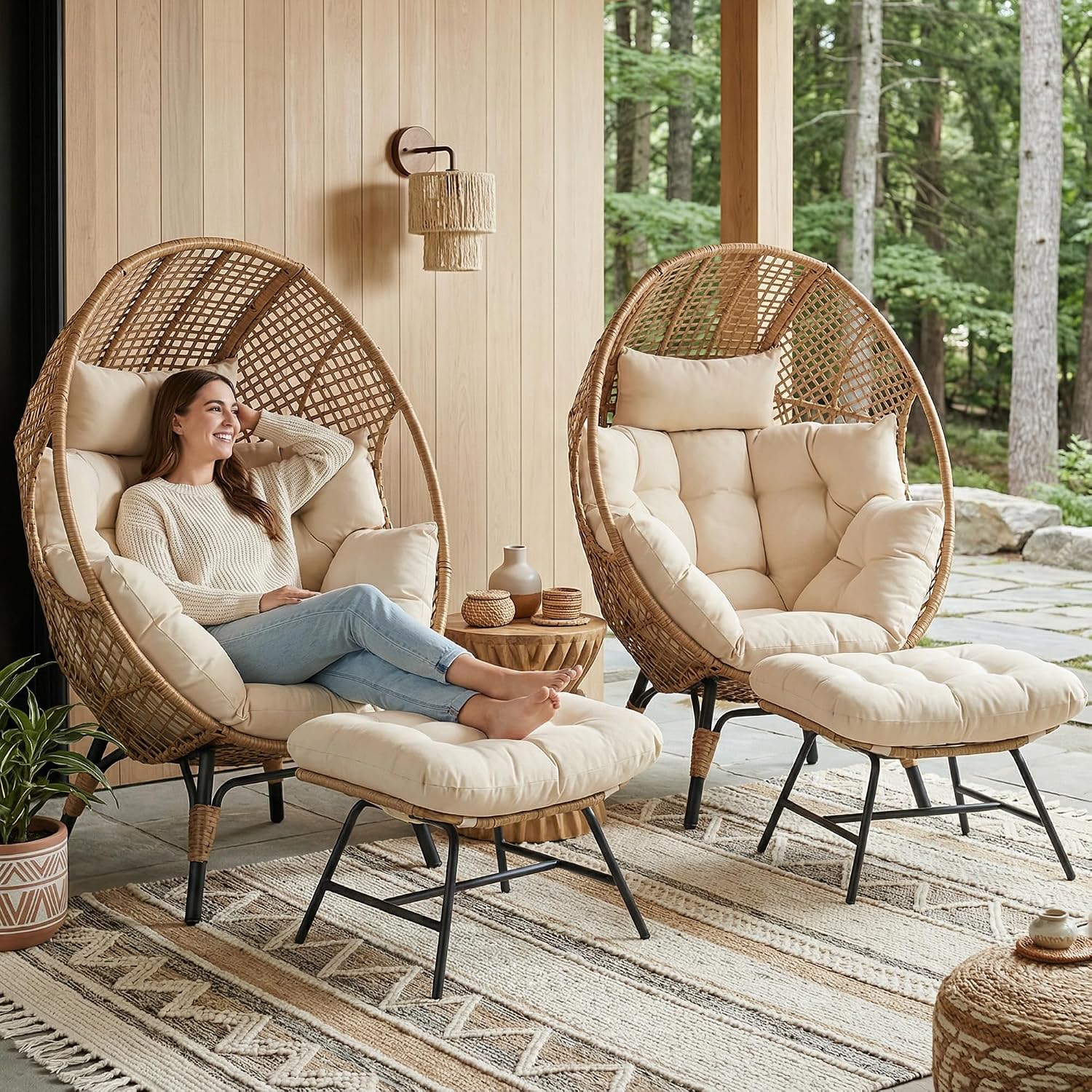 NICESOUL 2 Person Oversized Indoor Outdoor Egg Chair with Ottoman, Wicker Patio Deep Egg Seat with Beige Thick Cushion & Foot Rest, Large Stationary Lounge Chair for Balcony Bedroom, 2 Sets w/Cover